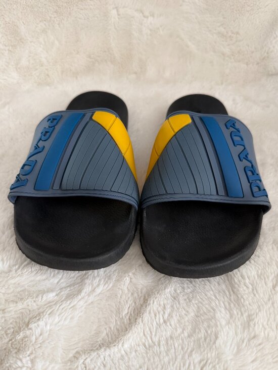Prada Men\'s Blue & Yellow Rubber Logo Slides Sandals Size: 12 main image 4